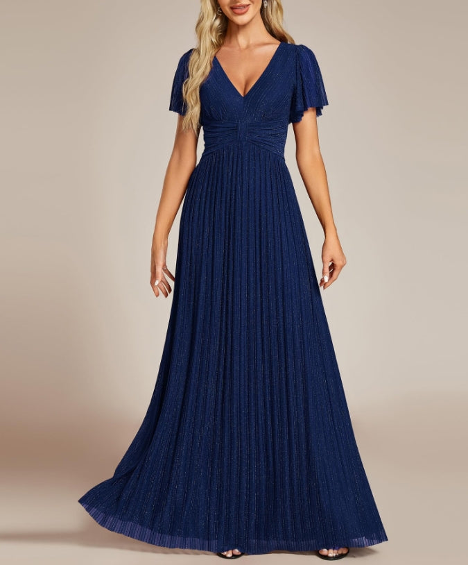 Navy Blue Women's Summer V Neck Pleated Short Sleeves Formal Prom Dresses